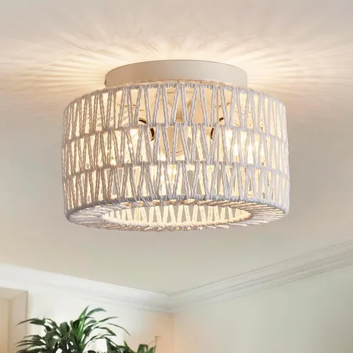 Vista 10 de Lámparas de Techo de Ratán para Montaje, Lámpara de Techo Empotrada Boho de 3 Luces, Iluminación de Lámpara con Pantalla de Jaula Tejida a Mano