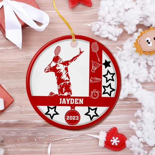 Vista 3 de Adorno de cerámica para jugador de bádminton, regalo para hombres y mujeres, adorno de cerámica personalizado para Navidad 2025, adorno para amantes