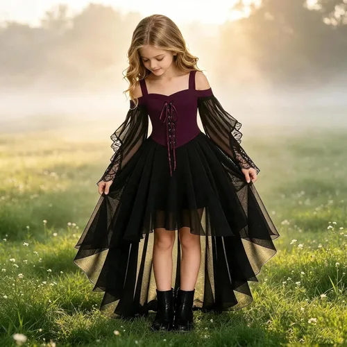 Vista 5 de Vestido de bruja gótica steampunk para niñas, disfraz de vampiro, cosplay Vino