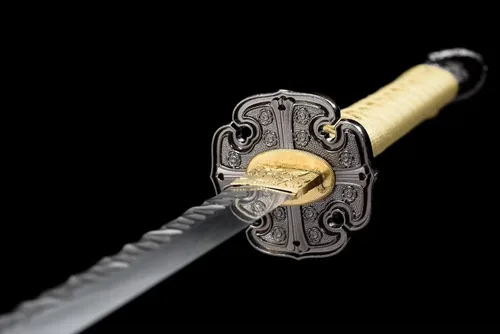 Vista 8 de Espada japonesa Oda Nobunaga Tachi de acero de Damasco con patrón de piedra de hoja samurái, espada completa de oro verde muy afilado, arma genial