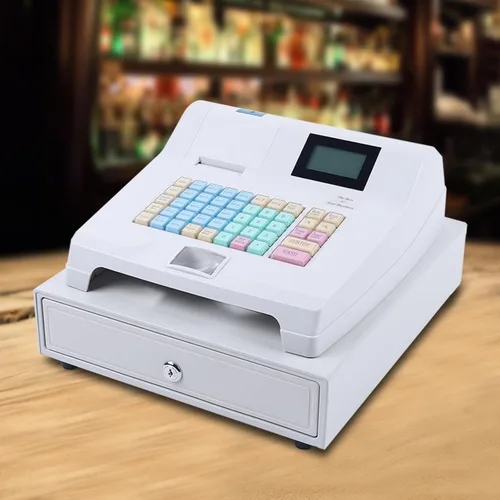 Vista 2 de Caja registradora electrónica con cajón, esquinas redondas, panel frontal de acero inoxidable, cuatro compartimentos con clips para dinero y cinco