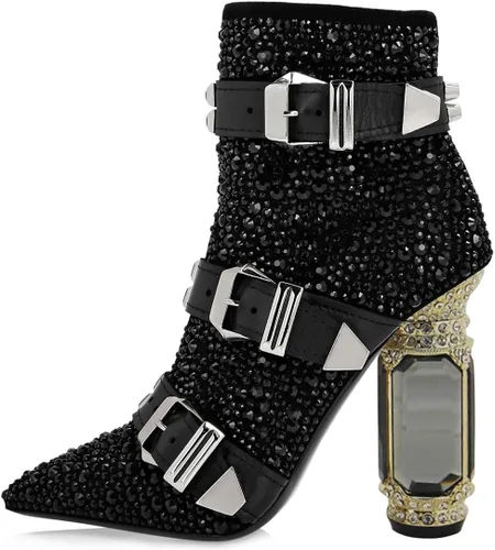 Vista 155 de FSJ Botas de tacón alto con punta puntiaguda para mujer, con tacón alto, con cremallera lateral brillante, estilo casual, para uso diario, zapatos