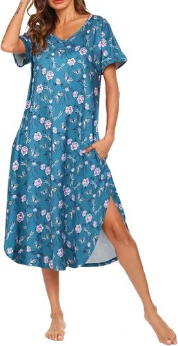 Vista 23 de AVIIER - Camisones de algodón para mujer, ropa de dormir suave con bolsillos, tallas S a XXL Negro Floewer 4