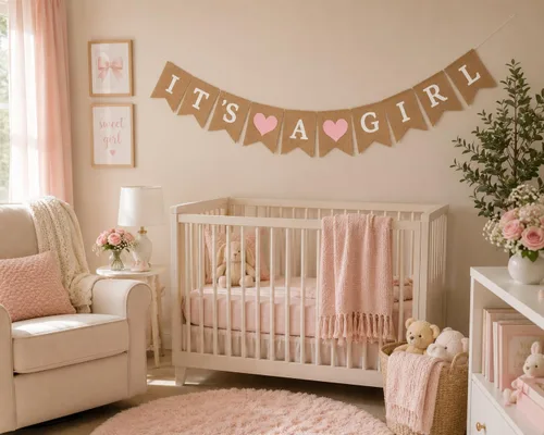 Vista 9 de Cartel de arpillera con texto en inglés "It's a Girl" para decoración de baby shower y fiesta de revelación de género (corazones rosa claro)