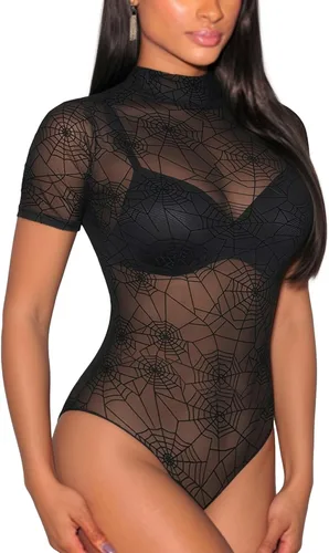 Vista 16 de Lrady Women's Short Sleeve Bodysuit Mesh Sheer Going Out Tops K#1 Negro