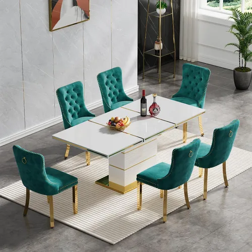 Vista 2 de Juego de mesa de comedor de alto brillo blanco de 70 pulgadas para 6, mesa de comedor rectangular moderna de 7 piezas y 6 sillas de terciopelo