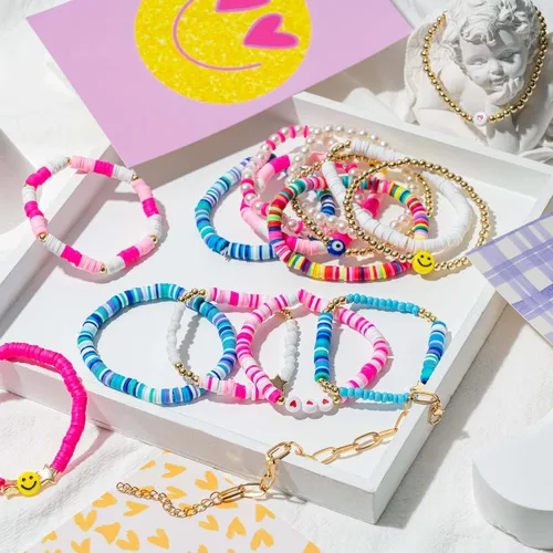 Vista 2 de Vitustua 16pcs Preppy Heishi Bracelets Set Stackable Colorful Cute Happy Face Charm Pearl Stretchy Beaded Bracelet Summer Beach Layering Bracelet
