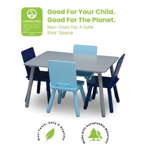 Vista 4 de Delta Children Juego de mesa y silla para niños (4 sillas incluidas), gris/azul y caja de juguetes de lujo MySize, certificado Greenguard Gold, azul