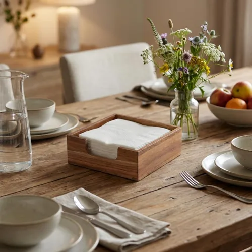 Vista 3 de Servilletero de cóctel de acacia para mesa, servilletero de madera, bandeja cuadrada plana para servilletas de bebidas, portaservilletas de cóctel