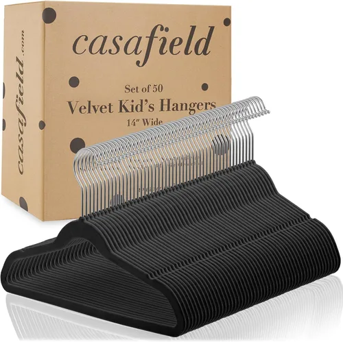 Vista 4 de Casafield 50 perchas de terciopelo para niños, tamaño de 14 pulgadas, color negro