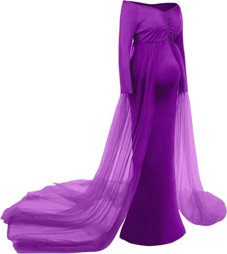 Vista 3 de Vestido de maternidad de manga larga con hombros descubiertos para mujer, de tul elegante, ajustado, para baby shower, fotografía, maxi vestido