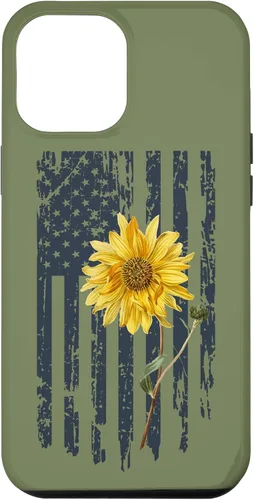 Vista 25 de iPhone 16 Yellow Sunflower Patriotic US American Flag Women Sage Green Case