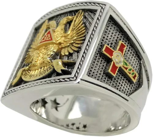 Vista 3 de UNIQABLE KTR023 - Anillo de plata de ley con alas de 32 grados para caballeros masónicos, chapado en oro de 18 quilates