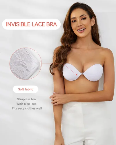Vista 2 de Loxoto Sujetador adhesivo sin tirantes, sujetador adhesivo de tela de encaje invisible para mujer, brasier de vestido sin espalda con cubiertas