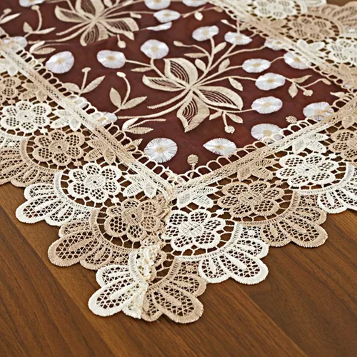 Vista 4 de Camino de mesa con bordado floral de encaje, bufanda rectangular transparente de poliéster para decoración de mesa del hogar, comedor, 16 x 35 Beige