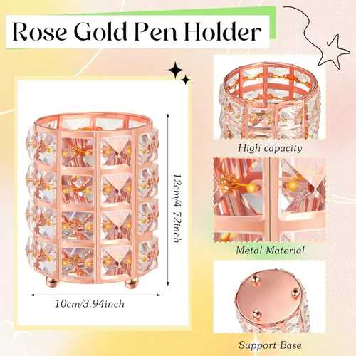 Vista 2 de Sabary Soporte para bolígrafo de oro rosa con 6 bolígrafos brillantes con purpurina, soporte para lápices de diamantes de oro rosa, organizador
