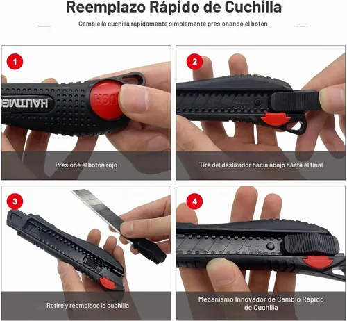Vista 6 de HAUTMEC Cuchillo utilitario de 18 mm con agarre suave y bloqueo automático con interruptor de seguridad rojo, cortador resistente con hoja negra