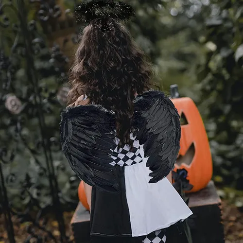 Vista 7 de Alas de ángel y halo para niños y adultos, disfraz de ángel para Halloween, fiesta de cosplay, alas de ángel