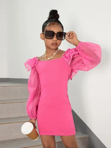 Vista 2 de WDIRARA Mini vestido de malla con volantes y lazo en la espalda para niña