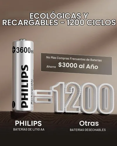 Vista 3 de PHILIPS Batería de litio AA recargable, paquete de 4, batería de iones de litio de 1.5 V 3600 mWh, 1200 baterías de larga duración funciona