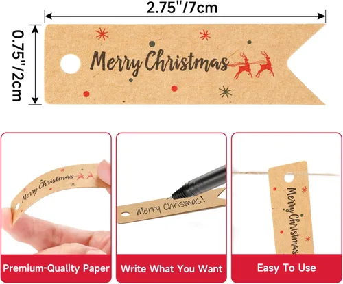 Vista 3 de Anwyll Pequeñas etiquetas de regalo de Navidad – 100 etiquetas de regalo de Navidad con cuerda, ciervos, etiqueta de envoltura de regalo de Feliz
