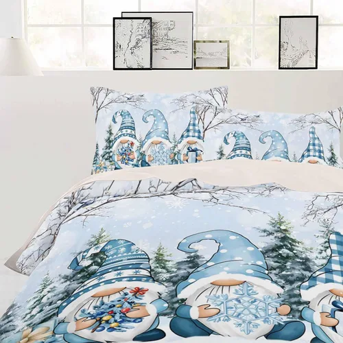 Vista 2 de Juego de funda de edredón Queen – Juego de funda de edredón de 4 piezas de gnomos azules de Navidad, juegos de ropa de cama de árbol de Navidad