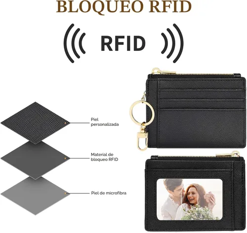 Vista 5 de Sodsay Estuche para tarjetas, cartera delgada con bolsillo frontal, para mujer, sujetatarjetas con llavero Slim, Front Pocket, Credit Card Holder