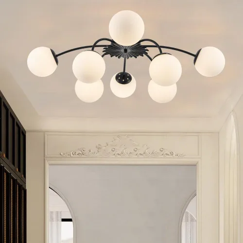 Vista 18 de Lámpara de araña Sputnik de 12 luces, color negro con burbujas de vidrio de leche Luces de techo semi empotradas, acento de flor, Art Deco