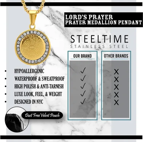 Vista 4 de Steeltime Stainless Steel Lords Prayer Necklace with Simulated Diamonds