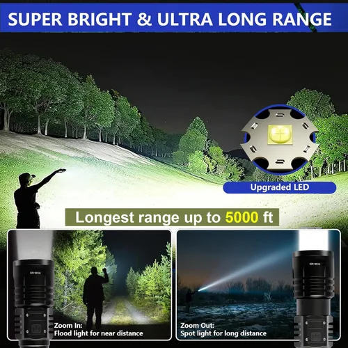Vista 2 de Linternas LED Recargables de Alto Lúmenes, Linterna de 10000mAh de Alta Potencia Impermeable Más Brillante Linterna Zoomable con Foco