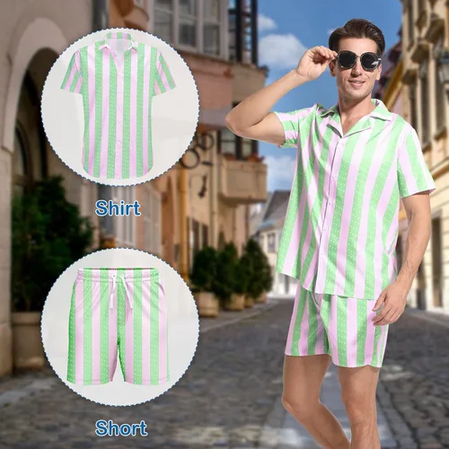 Vista 4 de Disfraz de hombre para adultos, disfraces de playa, trajes de camisa y pantalones cortos, disfraz de muñeca para fiesta de Halloween