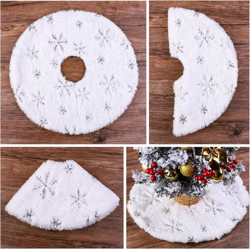 Vista 4 de URATOT Paquete de 2 minifaldas de árbol de Navidad de 15 pulgadas, color blanco con tapete de árbol de copo de nieve plateado, falda de árbol