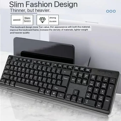 Vista 3 de Teclado con cable, teclado con cable de 104 teclas con teclado numérico, indicadores LED, ergonómico, cómodo juego y enchufe para Windows/Mac/PC