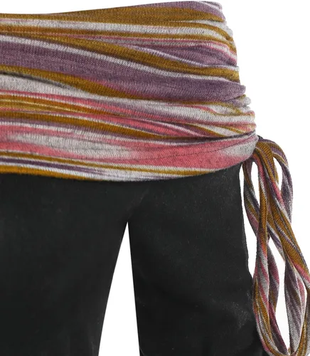 Vista 3 de DRESSFO Vestido de suéter de punto para mujer, con hombros descubiertos, estilo bohemio, étnico, retazos, ceñido, de manga larga, vestido acampanado