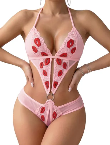 Vista 9 de Avidlove - Body de encaje para mujer con escote en V profundo, camisón Teddy. Babydoll de una pieza con cordones Azul bebé