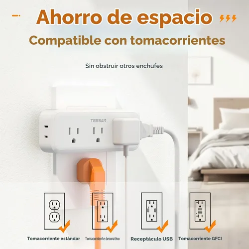 Vista 3 de TESSAN Extensor de enchufe múltiple, protector contra sobretensiones Blanco