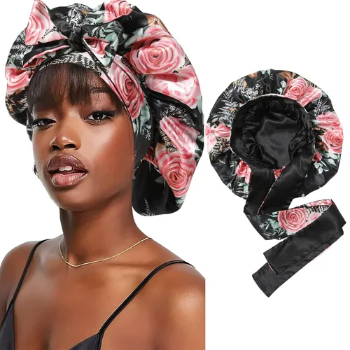 Vista 11 de Gorra de seda lavanda por marca – Gorro de dormir con banda elástica para cabello rizado Pasta de frijoles + lavanda