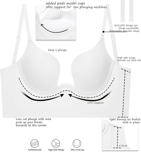 Vista 5 de Brasier de espalda baja para mujer, con alambre de elevación profunda en forma de U, sin espalda, con correas transparentes convertibles