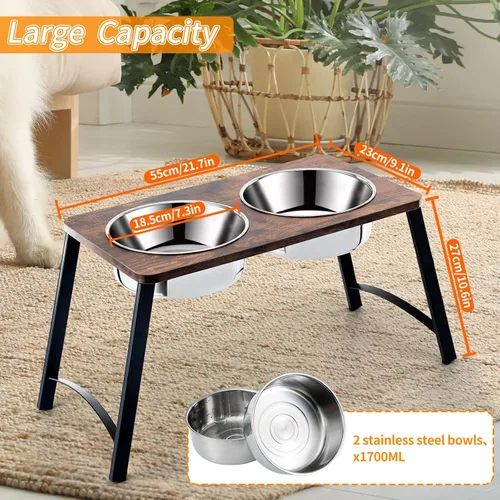 Vista 4 de Cuencos elevados para perros medianos y grandes, soporte elevado de madera con dos cuencos de acero inoxidable de 1700ML (57.5 fl oz) para comida