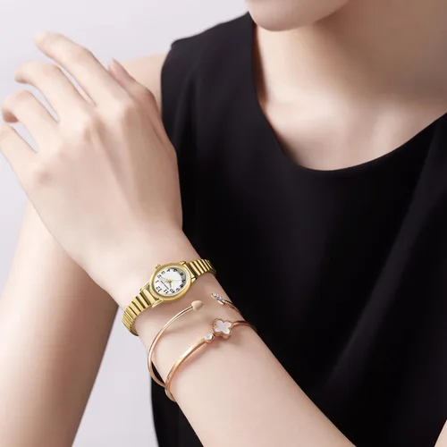 Vista 6 de GOLDEN HOUR Reloj dorado de fácil lectura para mujer con banda de expansión, caja ovalada