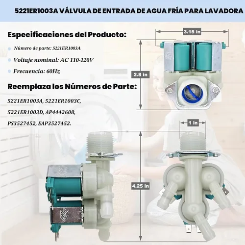 Vista 3 de 5221ER1003A y 5220FR2006H Juego de válvulas de entrada de agua para lavadora, piezas de repuesto de conjunto de válvula de agua para lavadora