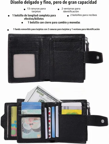 Vista 2 de Cartera de cuero con bloqueo RFID para mujer, pequeña, compacta, doble cremallera, con ventana para identificación Lichee Negro