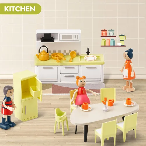 Vista 3 de Giant Bean 37 piezas de muebles de madera y plástico verde para casa de muñecas, juego de cocina y baño, accesorios modernos de madera para casa