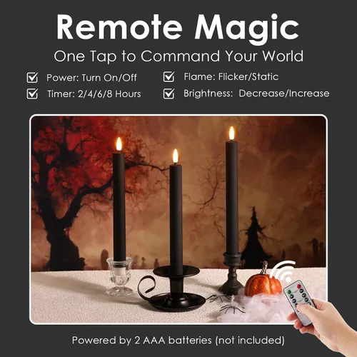 Vista 4 de Velas sin llama negras con control remoto, velas de LED realistas parpadeantes, operadas a batería, juego de 6