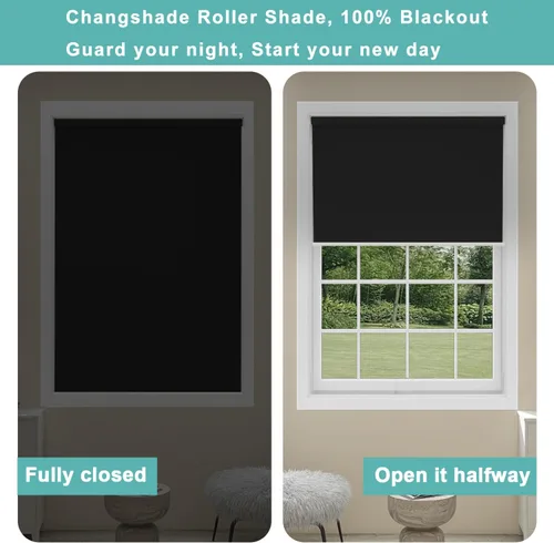 Vista 6 de Changshade - Persianas enrollables 100% opacas para ventanas, sin cordones, con parada libre y valance, persianas enrollables con aislamiento 2-Negro