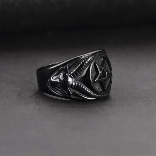 Vista 4 de Anillo de calavera para hombre, acero inoxidable, pentagrama, Wicca, gótico, bautismo, talla 7-13