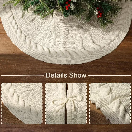 Vista 3 de Falda de árbol de Navidad de 48 pulgadas: falda de árbol de punto trenzado para árbol de 7.5 pies, falda de árbol blanco crema, faldas de árbol