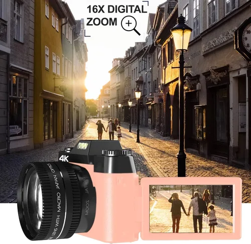 Vista 6 de Acuvar Cámara digital 4K Kit de vlogging de 48MP con micrófono, 2 baterías, lente gran angular, pantalla abatible de 180°, WiFi, zoom de 16X