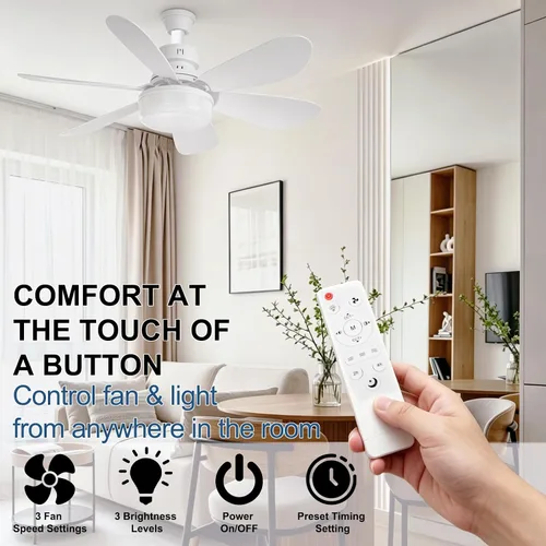 Vista 7 de Ventilador de techo atornillado con luz, luz de ventilador con mando a blanco-1