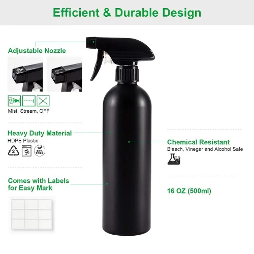 Vista 3 de Cindy's Tape Botellas de plástico negras para soluciones de limpieza de 16 onzas (paquete de 4), resistentes, opacas, recargables, reutilizables